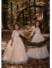Elbow Sleeves Ivory Lace Long Flower Girl Dress With Beaded Sash